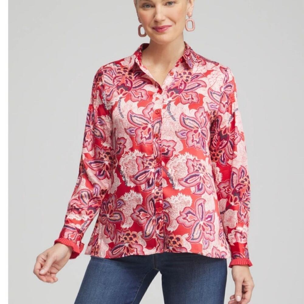 Chico's NWT Pleated Pintuck Blouse Modern Dash Floral in Ginger Rose Size 18
